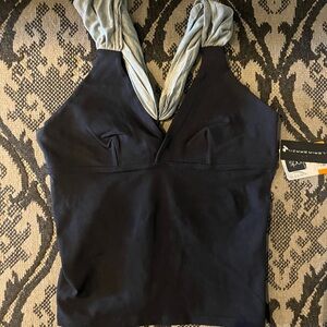 Black and Gray supplex activewear top with grey cotton straps. Fitted & fabulous